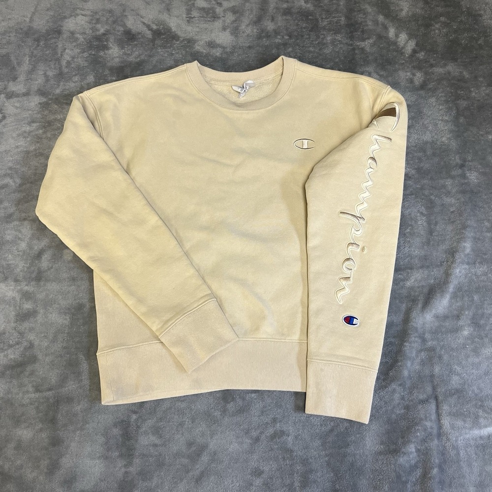Champion Reverse Weave Sweatshirt Women Small Beige Tan Script Logo Sleeve